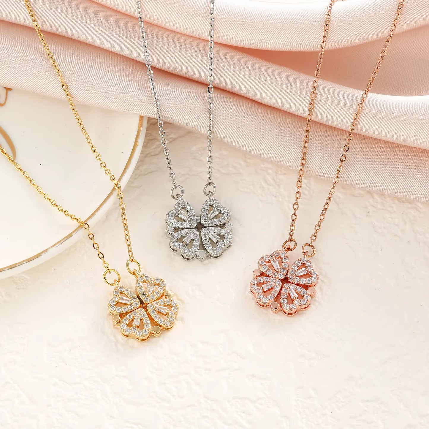 LovaCharm™ 4-in-1 Magnetic Heart & Clover Necklace – Love, Luck, and a Touch of Magic